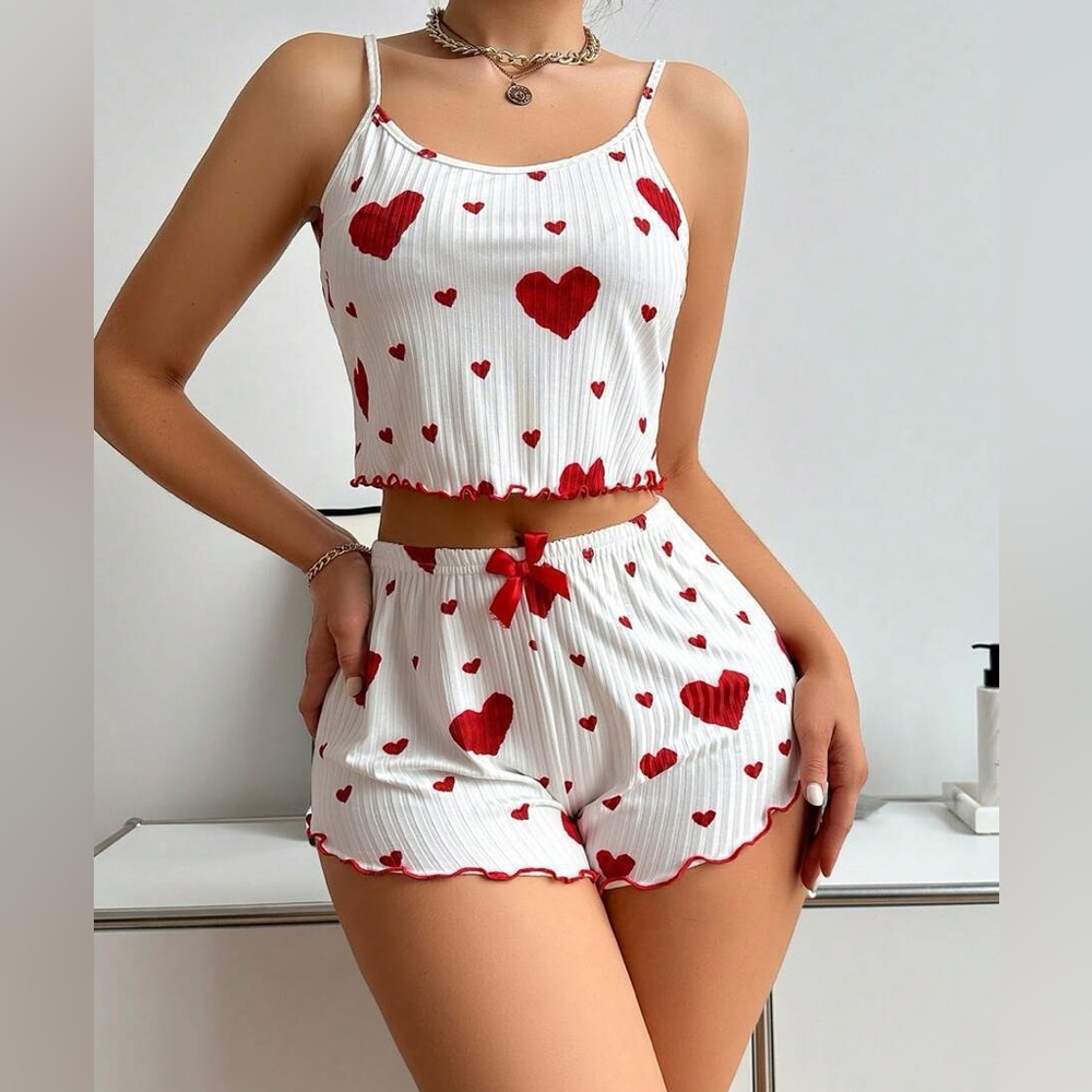 Women’s Sweetheart Crop Casual Pajama Short Set Size Medium - Picture 7 of 16